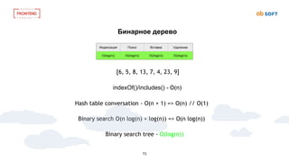 73
Индексация Поиск Вставка Удаление
O(log(n)) O((log(n)) O((log(n)) O((log(n))
Бинарное дерево
indexOf()/includes() - O(n)
Binary search O(n log(n) + log(n)) => O(n log(n))
Hash table conversation - O(n + 1) => O(n) // O(1)
Binary search tree - O(log(n))
[6, 5, 8, 13, 7, 4, 23, 9]
 