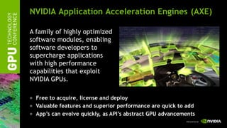 NVIDIA Application Acceleration Engines (AXE)

A family of highly optimized
software modules, enabling
software developers to
supercharge applications
with high performance
capabilities that exploit
NVIDIA GPUs.

  Free to acquire, license and deploy
  Valuable features and superior performance are quick to add
  App’s can evolve quickly, as API’s abstract GPU advancements
 