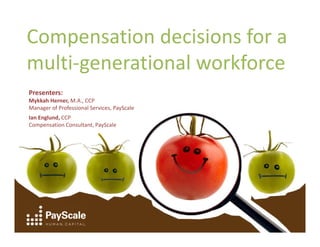Compensation decisions for a
multi-generational workforce
Presenters:
Mykkah Herner, M.A., CCP
Manager of Professional Services, PayScale
Ian Englund, CCP
Compensation Consultant, PayScale
 