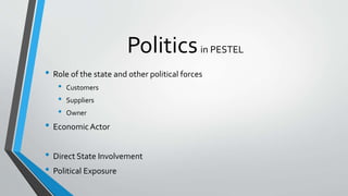 Politicsin PESTEL
• Role of the state and other political forces
• Customers
• Suppliers
• Owner
• EconomicActor
• Direct State Involvement
• Political Exposure
 