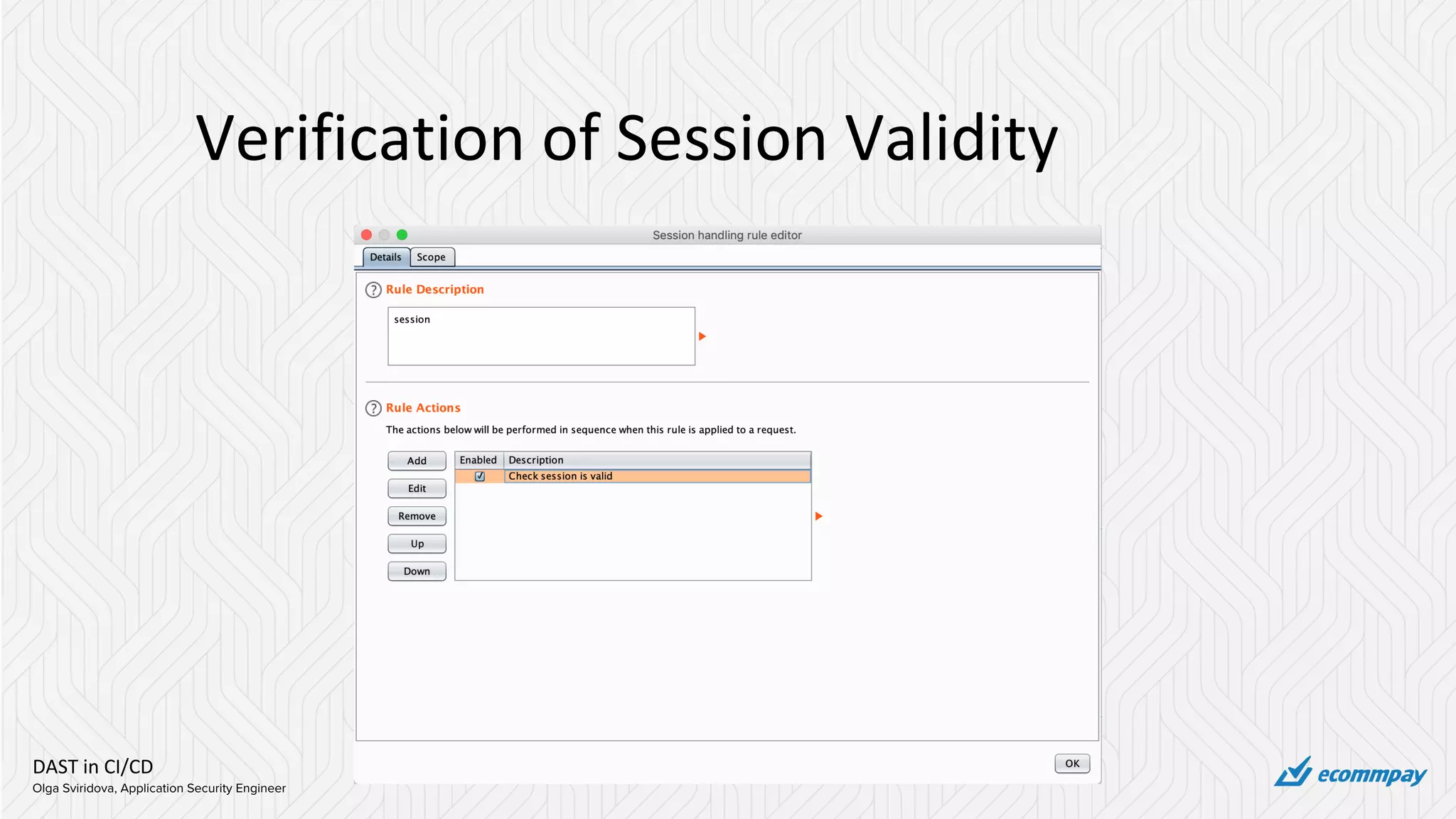 DAST in CI/CD
Olga Sviridova, Application Security Engineer
Verification of Session Validity
 