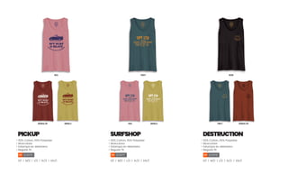 PICKUP
> 50% Cotton, 50% Polyester
> Musculosa
> Estampa en delantero
> Regular fit
SL0976
S/1 | M/2 | L/2 | XL/2 | XXL/1
SURFSHOP
> 50% Cotton, 50% Polyester
> Musculosa
> Estampa en delantero
> Regular fit
SL0977
S/1 | M/2 | L/2 | XL/2 | XXL/1
DESTRUCTION
> 50% Cotton, 50% Polyester
> Musculosa
> Estampa en delantero
> Regular fit
SL0978
S/1 | M/2 | L/2 | XL/2 | XXL/1
NARANJA ZAR AMARILLO
ROSA
FOREST NARANJA ZAR
NEGRO
ROSA AMARILLO
FOREST
 