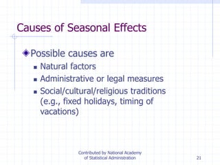 21
Causes of Seasonal Effects
Possible causes are
 Natural factors
 Administrative or legal measures
 Social/cultural/religious traditions
(e.g., fixed holidays, timing of
vacations)
Contributed by National Academy
of Statistical Administration
 