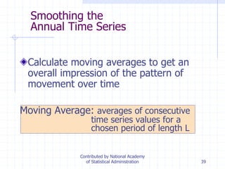 39
Smoothing the
Annual Time Series
Calculate moving averages to get an
overall impression of the pattern of
movement over time
Moving Average: averages of consecutive
time series values for a
chosen period of length L
Contributed by National Academy
of Statistical Administration
 