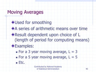 40
Moving Averages
Used for smoothing
A series of arithmetic means over time
Result dependent upon choice of L
(length of period for computing means)
Examples:
 For a 3 year moving average, L = 3
 For a 5 year moving average, L = 5
 Etc.
Contributed by National Academy
of Statistical Administration
 