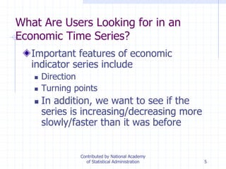 5
What Are Users Looking for in an
Economic Time Series?
Important features of economic
indicator series include
 Direction
 Turning points
 In addition, we want to see if the
series is increasing/decreasing more
slowly/faster than it was before
Contributed by National Academy
of Statistical Administration
 
