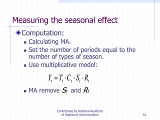 51
Measuring the seasonal effect
Computation:
 Calculating MA.
 Set the number of periods equal to the
number of types of season.
 Use multiplicative model:
 MA remove St and Rt
ttttt RSCTY 
Contributed by National Academy
of Statistical Administration
 