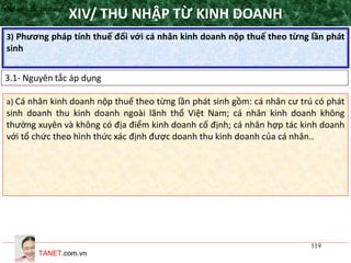 TANET.com.vn
119
3) Phương pháp tính thuế đối với cá nhân kinh doanh nộp thuế theo từng lần phát
sinh
XIV/ THU NHẬP TỪ KINH DOANH
3.1- Nguyên tắc áp dụng
•Nguyên tắc áp dụng
a) Cá nhân kinh doanh nộp thuế theo từng lần phát sinh gồm: cá nhân cư trú có phát
sinh doanh thu kinh doanh ngoài lãnh thổ Việt Nam; cá nhân kinh doanh không
thường xuyên và không có địa điểm kinh doanh cố định; cá nhân hợp tác kinh doanh
với tổ chức theo hình thức xác định được doanh thu kinh doanh của cá nhân..
 