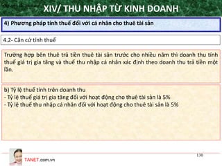 TANET.com.vn
130
4) Phương pháp tính thuế đối với cá nhân cho thuê tài sản
XIV/ THU NHẬP TỪ KINH DOANH
4.2- Căn cứ tính thuế
•Nguyên tắc áp dụng
Trường hợp bên thuê trả tiền thuê tài sản trước cho nhiều năm thì doanh thu tính
thuế giá trị gia tăng và thuế thu nhập cá nhân xác định theo doanh thu trả tiền một
lần.
b) Tỷ lệ thuế tính trên doanh thu
- Tỷ lệ thuế giá trị gia tăng đối với hoạt động cho thuê tài sản là 5%
- Tỷ lệ thuế thu nhập cá nhân đối với hoạt động cho thuê tài sản là 5%
 