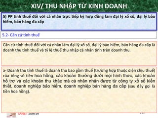 TANET.com.vn 133
5) PP tính thuế đối với cá nhân trực tiếp ký hợp đồng làm đại lý xổ số, đại lý bảo
hiểm, bán hàng đa cấp
XIV/ THU NHẬP TỪ KINH DOANH
5.2- Căn cứ tính thuế
•Nguyên tắc áp dụng
Căn cứ tính thuế đối với cá nhân làm đại lý xổ số, đại lý bảo hiểm, bán hàng đa cấp là
doanh thu tính thuế và tỷ lệ thuế thu nhập cá nhân tính trên doanh thu.
a- Doanh thu tính thuế là doanh thu bao gồm thuế (trường hợp thuộc diện chịu thuế)
của tổng số tiền hoa hồng, các khoản thưởng dưới mọi hình thức, các khoản
hỗ trợ và các khoản thu khác mà cá nhân nhận được từ công ty xổ số kiến
thiết, doanh nghiệp bảo hiểm, doanh nghiệp bán hàng đa cấp (sau đây gọi là
tiền hoa hồng).
 