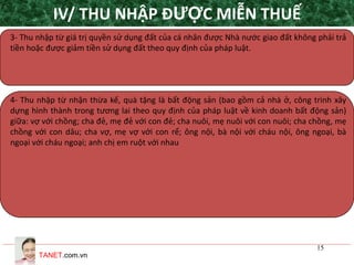 TANET.com.vn
15
3- Thu nhập từ giá trị quyền sử dụng đất của cá nhân được Nhà nước giao đất không phải trả
tiền hoặc được giảm tiền sử dụng đất theo quy định của pháp luật.
4- Thu nhập từ nhận thừa kế, quà tặng là bất động sản (bao gồm cả nhà ở, công trình xây
dựng hình thành trong tương lai theo quy định của pháp luật về kinh doanh bất động sản)
giữa: vợ với chồng; cha đẻ, mẹ đẻ với con đẻ; cha nuôi, mẹ nuôi với con nuôi; cha chồng, mẹ
chồng với con dâu; cha vợ, mẹ vợ với con rể; ông nội, bà nội với cháu nội, ông ngoại, bà
ngoại với cháu ngoại; anh chị em ruột với nhau
IV/ THU NHẬP ĐƯỢC MIỄN THUẾ
 