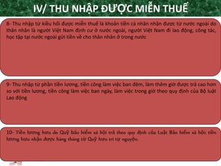 TANET.com.vn
17
8- Thu nhập từ kiều hối được miễn thuế là khoản tiền cá nhân nhận được từ nước ngoài do
thân nhân là người Việt Nam định cư ở nước ngoài, người Việt Nam đi lao động, công tác,
học tập tại nước ngoài gửi tiền về cho thân nhân ở trong nước
9- Thu nhập từ phần tiền lương, tiền công làm việc ban đêm, làm thêm giờ được trả cao hơn
so với tiền lương, tiền công làm việc ban ngày, làm việc trong giờ theo quy định của Bộ luật
Lao động
10- Tiền lương hưu do Quỹ bảo hiểm xã hội trả theo quy định của Luật Bảo hiểm xã hội; tiền
lương hưu nhận được hàng tháng từ Quỹ hưu trí tự nguyện.
IV/ THU NHẬP ĐƯỢC MIỄN THUẾ
 