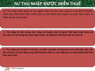 TANET.com.vn
19
14- Thu nhập nhận được từ các nguồn viện trợ của nước ngoài vì mục đích từ thiện,
nhân đạo dưới hình thức Chính phủ và phi Chính phủ được cơ quan Nhà nước có
thẩm quyền phê duyệt
15- Thu nhập từ tiền lương, tiền công của thuyền viên là người Việt Nam nhận được do
làm việc cho các hãng tàu nước ngoài hoặc các hãng tàu Việt Nam vận tải quốc tế
16- Thu nhập của cá nhân là chủ tàu, cá nhân có quyền sử dụng tàu và cá nhân làm việc trên
tàu có được từ hoạt động cung cấp hàng hóa, dịch vụ trực tiếp phục vụ hoạt động khai thác
thủy sản xa bờ
IV/ THU NHẬP ĐƯỢC MIỄN THUẾ
 