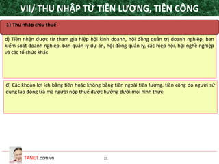 TANET.com.vn 31
d) Tiền nhận được từ tham gia hiệp hội kinh doanh, hội đồng quản trị doanh nghiệp, ban
kiểm soát doanh nghiệp, ban quản lý dự án, hội đồng quản lý, các hiệp hội, hội nghề nghiệp
và các tổ chức khác
1) Thu nhập chịu thuế
đ) Các khoản lợi ích bằng tiền hoặc không bằng tiền ngoài tiền lương, tiền công do người sử
dụng lao động trả mà người nộp thuế được hưởng dưới mọi hình thức:
VII/ THU NHẬP TỪ TIỀN LƯƠNG, TIỀN CÔNG
 
