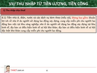 TANET.com.vn 32
đ.1) Tiền nhà ở, điện, nước và các dịch vụ kèm theo (nếu có), không bao gồm: khoản
lợi ích về nhà ở do người sử dụng lao động xây dựng, cung cấp miễn phí cho người lao
động làm việc tại khu công nghiệp; nhà ở do người sử dụng lao động xây dựng tại khu
kinh tế, địa bàn có điều kiện kinh tế xã hội khó khăn, địa bàn có điều kiện kinh tế xã hội
đặc biệt khó khăn cung cấp miễn phí cho người lao động.
1) Thu nhập chịu thuế
VII/ THU NHẬP TỪ TIỀN LƯƠNG, TIỀN CÔNG
 