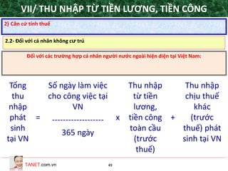 TANET.com.vn 49
2) Căn cứ tính thuế
2.2- Đối với cá nhân không cư trú
Đối với các trường hợp cá nhân người nước ngoài hiện diện tại Việt Nam:
Tổng
thu
nhập
phát
sinh
tại VN
=
Số ngày làm việc
cho công việc tại
VN
x
Thu nhập
từ tiền
lương,
tiền công
toàn cầu
(trước
thuế)
+
Thu nhập
chịu thuế
khác
(trước
thuế) phát
sinh tại VN
-------------------
365 ngày
VII/ THU NHẬP TỪ TIỀN LƯƠNG, TIỀN CÔNG
 