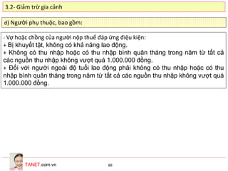 TANET.com.vn 60
d) Người phụ thuộc, bao gồm:
- Vợ hoặc chồng của người nộp thuế đáp ứng điệu kiện:
+ Bị khuyết tật, không có khả năng lao động.
+ Không có thu nhập hoặc có thu nhập bình quân tháng trong năm từ tất cả
các nguồn thu nhập không vượt quá 1.000.000 đồng.
+ Đối với người ngoài độ tuổi lao động phải không có thu nhập hoặc có thu
nhập bình quân tháng trong năm từ tất cả các nguồn thu nhập không vượt quá
1.000.000 đồng.
3.2- Giảm trừ gia cảnh
 