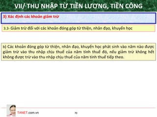 TANET.com.vn 70
b) Các khoản đóng góp từ thiện, nhân đạo, khuyến học phát sinh vào năm nào được
giảm trừ vào thu nhập chịu thuế của năm tính thuế đó, nếu giảm trừ không hết
không được trừ vào thu nhập chịu thuế của năm tính thuế tiếp theo.
3) Xác định các khoản giảm trừ
3.3- Giảm trừ đối với các khoản đóng góp từ thiện, nhân đạo, khuyến học
VII/ THU NHẬP TỪ TIỀN LƯƠNG, TIỀN CÔNG
 