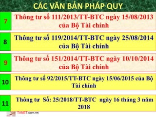 TANET.com.vn
Thông tư số 111/2013/TT-BTC ngày 15/08/2013
của Bộ Tài chính
7
CÁC VĂN BẢN PHÁP QUY
Thông tư số 119/2014/TT-BTC ngày 25/08/2014
của Bộ Tài chính
8
Thông tư số 151/2014/TT-BTC ngày 10/10/2014
của Bộ Tài chính
9
Thông tư số 92/2015/TT-BTC ngày 15/06/2015 của Bộ
Tài chính
10
Thông tư Số: 25/2018/TT-BTC ngày 16 tháng 3 năm
2018
11
 