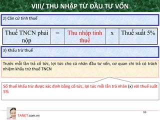 TANET.com.vn
88
2) Căn cứ tính thuế
VIII/ THU NHẬP TỪ ĐẦU TƯ VỐN
Thuế TNCN phải
nộp
= Thu nhập tính
thuế
x Thuế suất 5%
3) Khấu trừ thuế
Trước mỗi lần trả cổ tức, lợi tức cho cá nhân đầu tư vốn, cơ quan chi trả có trách
nhiệm khấu trừ thuế TNCN
Số thuế khấu trừ được xác định bằng cổ tức, lợi tức mỗi lẫn trả nhân (x) với thuế suất
5%
 