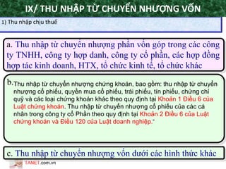 TANET.com.vn
89
1) Thu nhập chịu thuế
IX/ THU NHẬP TỪ CHUYỂN NHƯỢNG VỐN
a. Thu nhập từ chuyển nhượng phần vốn góp trong các công
ty TNHH, công ty hợp danh, công ty cổ phần, các hợp đồng
hợp tác kinh doanh, HTX, tổ chức kinh tế, tổ chức khác
b.
c. Thu nhập từ chuyển nhượng vốn dưới các hình thức khác
Thu nhập từ chuyển nhượng chứng khoán, bao gồm: thu nhập từ chuyển
nhượng cổ phiếu, quyền mua cổ phiếu, trái phiếu, tín phiếu, chứng chỉ
quỹ và các loại chứng khoán khác theo quy định tại Khoản 1 Điều 6 của
Luật chứng khoán. Thu nhập từ chuyển nhượng cổ phiếu của các cá
nhân trong công ty cổ Phần theo quy định tại Khoản 2 Điều 6 của Luật
chứng khoán và Điều 120 của Luật doanh nghiệp.”
 