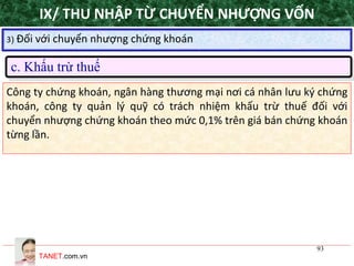 TANET.com.vn
93
c. Khấu trừ thuế
3) Đối với chuyển nhượng chứng khoán
Công ty chứng khoán, ngân hàng thương mại nơi cá nhân lưu ký chứng
khoán, công ty quản lý quỹ có trách nhiệm khấu trừ thuế đối với
chuyển nhượng chứng khoán theo mức 0,1% trên giá bán chứng khoán
từng lần.
IX/ THU NHẬP TỪ CHUYỂN NHƯỢNG VỐN
 