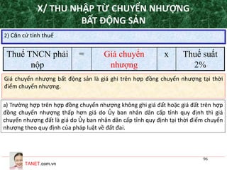TANET.com.vn
96
2) Căn cứ tính thuế
Giá chuyển nhượng bất động sản là giá ghi trên hợp đồng chuyển nhượng tại thời
điểm chuyển nhượng.
Thuế TNCN phải
nộp
= Giá chuyển
nhượng
x Thuế suất
2%
a) Trường hợp trên hợp đồng chuyển nhượng không ghi giá đất hoặc giá đất trên hợp
đồng chuyển nhượng thấp hơn giá do Ủy ban nhân dân cấp tỉnh quy định thì giá
chuyển nhượng đất là giá do Ủy ban nhân dân cấp tỉnh quy định tại thời điểm chuyển
nhượng theo quy định của pháp luật về đất đai.
X/ THU NHẬP TỪ CHUYỂN NHƯỢNG
BẤT ĐỘNG SẢN
 