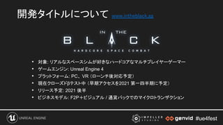 #ue4fest#ue4fest
開発タイトルについて www.intheblack.gg 
• 対象: リアルなスペースシムが好きなハードコアなマルチプレイヤーゲーマー
• ゲームエンジン: Unreal Engine 4
• プラットフォーム: PC、 VR （ローンチ後対応予定）
• 現在クローズドβテスト中 （早期アクセスを2021 第一四半期に予定）
• リリース予定: 2021 後半
• ビジネスモデル: F2P＋ビジュアル / 通貨パックでのマイクロトランザクション 
 