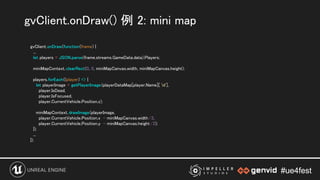 #ue4fest#ue4fest
gvClient.onDraw(function(frame) { 
... 
let players = JSON.parse(frame.streams.GameData.data).Players;  
 
miniMapContext.clearRect(0, 0, miniMapCanvas.width, miniMapCanvas.height);  
 
players.forEach((player) => { 
let playerImage = getPlayerImage(playerDataMap[player.Name][ 'id'], 
player.IsDead, 
player.IsFocused,  
player.CurrentVehicle.Position.z);  
 
miniMapContext. drawImage(playerImage, 
player.CurrentVehicle.Position.x - miniMapCanvas.width /2, 
player.CurrentVehicle.Position.y - miniMapCanvas.height /2); 
}); 
... 
}); 
gvClient.onDraw() 例 2: mini map 
 