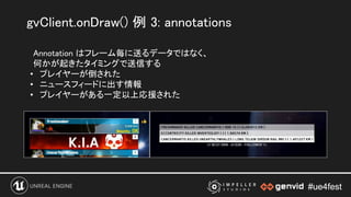 #ue4fest#ue4fest
Annotation はフレーム毎に送るデータではなく、 
何かが起きたタイミングで送信する 
• プレイヤーが倒された 
• ニュースフィードに出す情報 
• プレイヤーがある一定以上応援された 
gvClient.onDraw() 例 3: annotations 
 