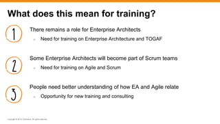 Copyright © 2015 ITpreneurs. All rights reserved.
What does this mean for training?
There remains a role for Enterprise Architects
○ Need for training on Enterprise Architecture and TOGAF
Some Enterprise Architects will become part of Scrum teams
○ Need for training on Agile and Scrum
People need better understanding of how EA and Agile relate
○ Opportunity for new training and consulting
 