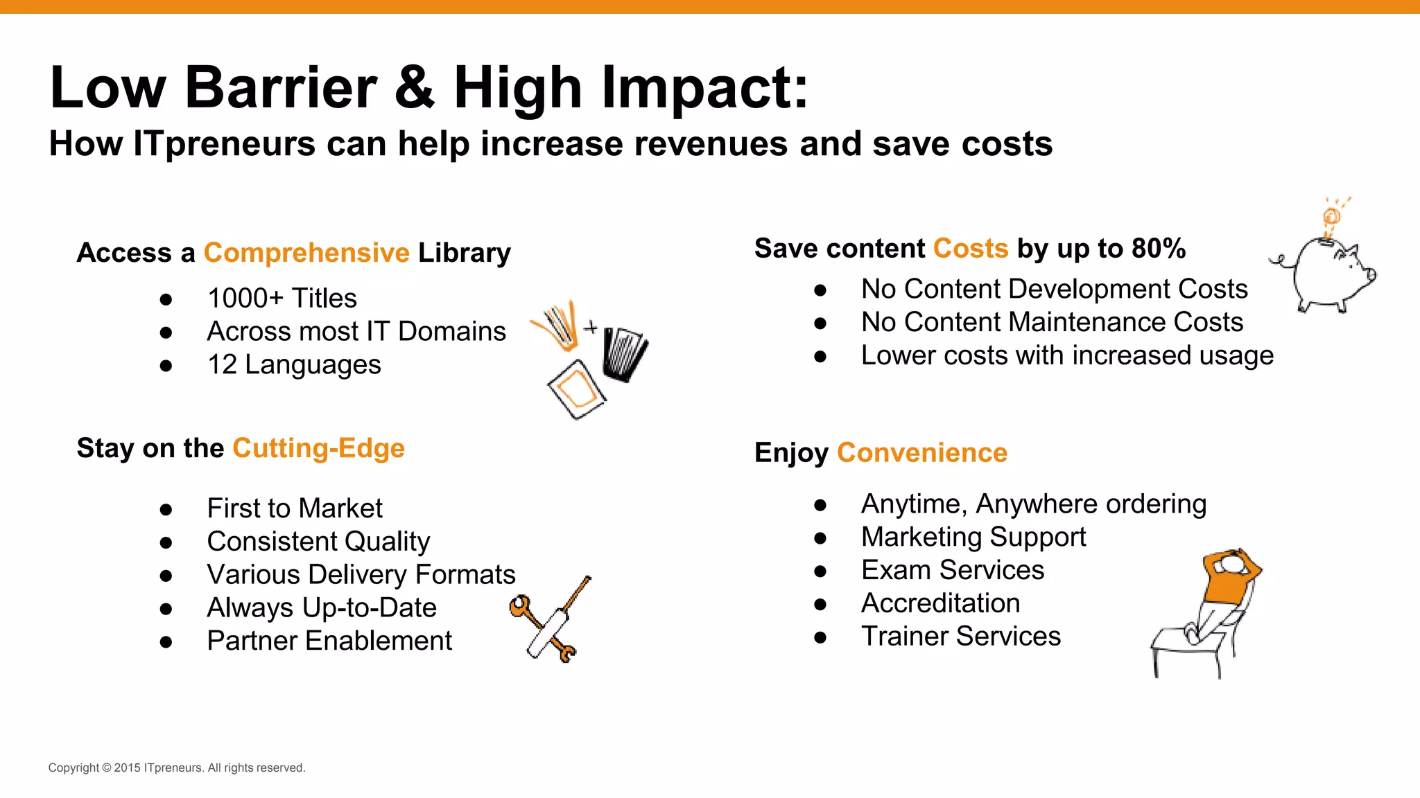 Copyright © 2015 ITpreneurs. All rights reserved.
Low Barrier & High Impact:
How ITpreneurs can help increase revenues and save costs
Stay on the Cutting-Edge
Access a Comprehensive Library
Enjoy Convenience
Save content Costs by up to 80%
● No Content Development Costs
● No Content Maintenance Costs
● Lower costs with increased usage
● 1000+ Titles
● Across most IT Domains
● 12 Languages
● Anytime, Anywhere ordering
● Marketing Support
● Exam Services
● Accreditation
● Trainer Services
● First to Market
● Consistent Quality
● Various Delivery Formats
● Always Up-to-Date
● Partner Enablement
 