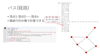 パス(経路)
• 頂点1-頂点2-…-頂点n
• 隣接行列の積で計算できる
B→C→D→Bと
B→D→C→Bの
ループが2つ
 
