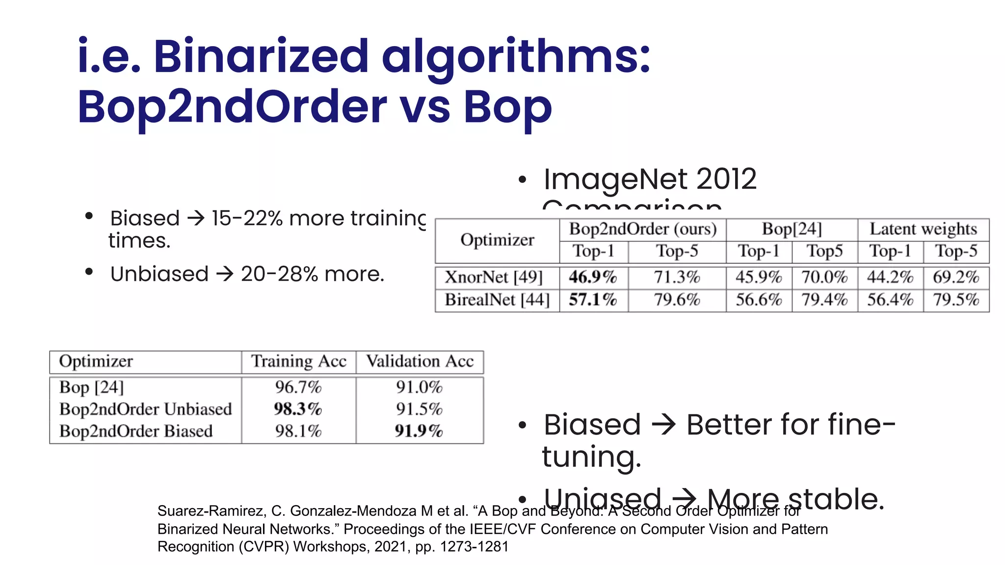 i.e. Binarized algorithms:
Bop2ndOrder vs Bop
• Biased à 15-22% more training
times.
• Unbiased à 20-28% more.
CIFAR10 Comparison
• ImageNet 2012
Comparison
• Biased à Better for fine-
tuning.
• Uniased à More stable.
Suarez-Ramirez, C. Gonzalez-Mendoza M et al. “A Bop and Beyond: A Second Order Optimizer for
Binarized Neural Networks.” Proceedings of the IEEE/CVF Conference on Computer Vision and Pattern
Recognition (CVPR) Workshops, 2021, pp. 1273-1281
 