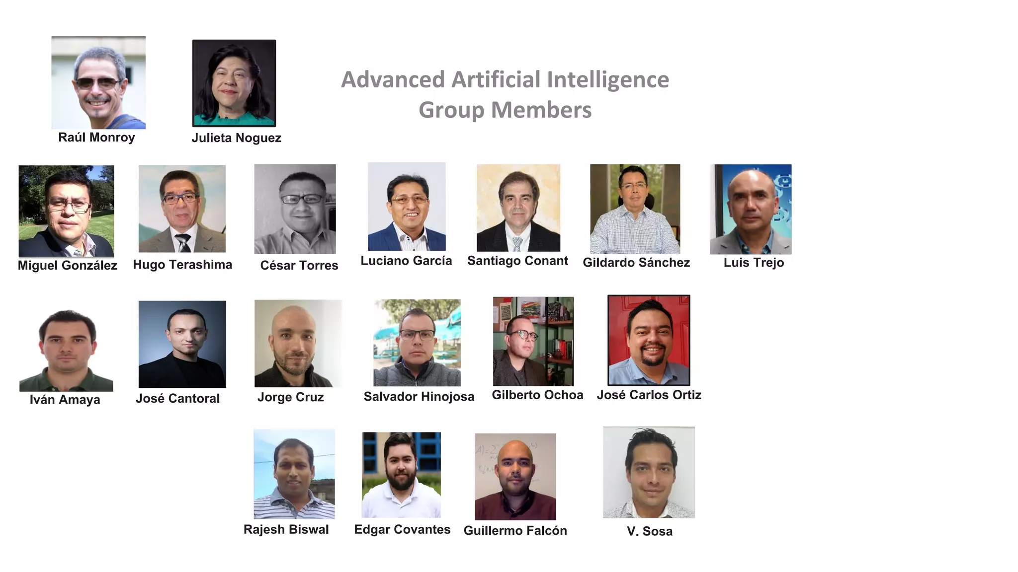 Advanced Artificial Intelligence
Group Members
Raúl Monroy Julieta Noguez
Hugo Terashima
Miguel González César Torres Santiago Conant Luis Trejo
José Cantoral
Luciano García
Gilberto Ochoa
Iván Amaya
Edgar Covantes
José Carlos Ortiz
Guillermo Falcón
Jorge Cruz Salvador Hinojosa
Rajesh Biswal
Gildardo Sánchez
V. Sosa
 