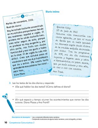 10 Competencias Comunicativas 3
Descriptores de desempeño:	• Lee y comprende diferentes textos narrativos.
• Comprende la estructura de algunos textos narrativos, como la biografía y el diario.
3.	 Lee los textos de los dos diarios y responde:
•	 ¿De qué hablan los dos textos? ¿Cómo defines al diario?
	
	
	
•	 ¿En qué espacio y tiempo ocurren los acontecimientos que narran las dos
autoras: Diana Plazas y Ana Frank?
	
	
	
Diario íntimo
Martes de noviembre, 2006
Querido diario:
Hoy he estado bastante concentrada
en mis estudios porque hemos tenido
dos exámenes: español e inglés. El
primero me ha salido bastante bien,
creo estar segura de esto, porque
mi profesor es muy exigente y, por
otra parte, nos trata con mucha
familiaridad y eso nos gusta a todos
en la clase. El de inglés ha sido más
difícil. Creo que estudié poco el
vocabulario que nos dijo la profesora
que iba a entrar. ¡Me cuesta tanto
aprenderme esas palabras tan raras!...
pero toca.
Diana Plazas
Querida Kitty
20 de junio de 1942
Nuestras vidas transcurrían concierta agitación, ya que el restode familia que se había quedadoen Alemania seguía siendo víctimade las medidas antijudías decretadaspor Hitler. Tras los programasde 1938, mis dos tíos maternoshuyeron y llegaron sanos y salvosa Norteamérica; mi pobre abuela,que ya tenía setenta y tres años,se vino a vivir con nosotros.
Ana Frank.
 