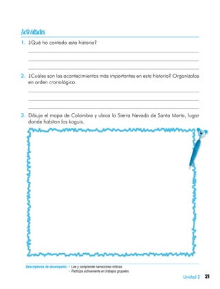 21Unidad 2
Descriptores de desempeño:	• Lee y comprende narraciones míticas.
• Participa activamente en trabajos grupales.
1.	 ¿Qué ha contado esta historia?
	
	
	
2.	 ¿Cuáles son los acontecimientos más importantes en esta historia? Organízalos
en orden cronológico.
	
	
	
3.	 Dibuja el mapa de Colombia y ubica la Sierra Nevada de Santa Marta, lugar
donde habitan los koguis.

 