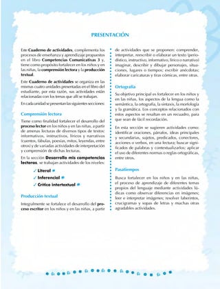 Presentación
Este Cuaderno de actividades, complementa los
procesos de enseñanza y aprendizaje propuestos
en el libro Competencias Comunicativas 3 y,
tiene como propósito fortalecer en los niños y en
las niñas, la comprensión lectora y la producción
textual.
Este Cuaderno de actividades se organiza en las
mismas cuatro unidades presentadas en el libro del
estudiante, por esta razón, sus actividades están
relacionadas con los temas que allí se trabajan.
Encadaunidadsepresentanlassiguientessecciones:
Comprensión lectora
Tiene como finalidad fortalecer el desarrollo del
proceso lector en los niños y en las niñas, a partir
de amenas lecturas de diversos tipos de textos:
informativos, instructivos, líricos y narrativos
(cuentos, fábulas, poesías, mitos, leyendas, entre
otros) y de variadas actividades de interpretación
y comprensión de dichas lecturas.
En la sección Desarrollo mis competencias
lectoras, se trabajan actividades de los niveles:
	 	 3 Literal
		 3 Inferencial
		 3 Crítico intertextual
Producción textual
Integralmente se fortalece el desarrollo del pro-
ceso escritor en los niños y en las niñas, a partir
de actividades que se proponen: comprender,
interpretar, reescribir o elaborar un texto (perio-
dístico, instructivo, informativo, lírico o narrativo)
imaginar, describir y dibujar personajes, situa-
ciones, lugares o tiempos; escribir anécdotas;
elaborar caricaturas y tiras cómicas, entre otras.
Ortografía
Su objetivo principal es fortalecer en los niños y
en las niñas, los aspectos de la lengua como la
semántica, la ortografía, la sintaxis, la morfología
y la gramática. Los conceptos relacionados con
estos aspectos se resaltan en un recuadro, para
que sean de fácil recordación.
En esta sección se sugieren actividades como:
identificar oraciones, párrafos, ideas principales
y secundarias, sujetos, predicados, conectores,
acciones o verbos, en una lectura; buscar signi-
ficados de palabras y contextualizarlos; aplicar
el uso de diferentes normas o reglas ortográficas,
entre otros.
Pasatiempos
Busca fortalecer en los niños y en las niñas,
el proceso de aprendizaje de diferentes temas
propios del lenguaje mediante actividades lú-
dicas como observar diferencias en imágenes;
leer e interpretar imágenes; resolver laberintos,
crucigramas y sopas de letras y muchas otras
agradables actividades.
 
