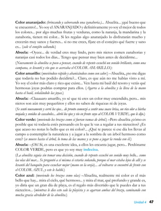 47Unidad 4
Color anaranjado: (brincando y saboreando una zanahoria.)... Abuelita... ¡qué bueno que
te encuentro!... Yo soy el ANARANJADO y definitivamente yo soy el mejor de todos
los colores... por algo muchas frutas y verduras, como la naranja, la mandarina y la
zanahoria, tienen mi color... Si les regalas algo anaranjado lo disfrutarán mucho y
crecerán muy sanos y fuertes... si no me crees, fíjate en el conejito qué fuerte y sano
es... (sale el conejito saltando.)
Abuela: –Oyeee... de verdad eres muy lindo, pero mis nietos comen zanahorias y
naranjas casi todos los días... Tengo que pensar muy bien antes de decidirme...
(Nuevamente la abuelita se puso a pensar, cuando de repente escuchó un sonido brillante, como una
campana, se levantó y vio que se acercaba el COLOR AMARILLO.):
Color amarillo: (moviéndose rápido y abanicándose como con calor.) –Abuelita, ¿no me digas
que todavía no has podido decidirte?... Claro, es que aún no me habías visto a mí.
Yo soy el color más claro y rico que existe... Ven hasta mi baúl del tesoro y verás qué
hermosas joyas podrías comprar para ellos. (Agarra a la abuelita y la lleva de la mano
hasta el baúl, señalándole las joyas.)
Abuela: –Claaaaaro amarillo, yo sé que tú eres un color muy encendido, pero... mis
nietos son aún muy pequeñitos y ellos no saben de riquezas ni de joyas.
(Se sentó nuevamente y cerró los ojos... de pronto comenzó a sentir una suave brisa, un rico olor a hierba
mojada y sonidos de cascabeles... abrió los ojos y vio en frente suyo al COLOR VERDE, que le dijo.)
Color verde: (moviendo los brazos como si fueran ramas de árbol.) –Pero abuelita ¿cómo es
posible que tú todavía estés pensando en lo que le vas a regalar a tus nietecitos? ¿Es
que acaso no notas lo bello que es mi color?... ¿Qué te parece si ese día los llevas al
campo a contemplar la naturaleza y a jugar a la sombra de un árbol hermoso como
este? (se mueve hasta el árbol, lo toma de las manos y se pone a jugar la ronda con él.)
Abuela: –¡Oh! Sí, es una excelente idea, a ellos les encanta jugar, pero... Perdóname
COLOR VERDE, pero es que yo soy muy indecisa.
(La abuelita seguía sin tomar una decisión, cuando de repente escuchó un sonido muy bello... como
las olas del mar... Se preguntó a sí misma si estaría soñando, porque el mar estaba lejos de allí y se
levantó del banquito para escuchar mejor (mano en la oreja)... al voltearse se encontró de frente con
el COLOR AZUL y este le habló.)
Color azul: (moviendo los brazos como olas) –Abuelita, realmente mi color es el más
bello que hay... mira el cielo, qué hermoso... y mira el mar, qué profundo y grande es,
yo diría que un gran día de playa, es el regalo más divertido que le puedes dar a tus
nietecitos... (mientras le dice esto sale la playista y se agarran ambas del brazo, caminando con
mucha gracia alrededor de la abuelita.)
 