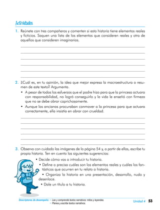 53Unidad 4Descriptores de desempeño:	• Lee y comprende textos narrativos: mitos y leyendas.
• Planea y escribe textos narrativos.
1.	 Reúnete con tres compañeros y comenten si esta historia tiene elementos reales
y ficticios. Saquen una lista de los elementos que consideren reales y otra de
aquellos que consideren imaginarios.
	
	
	
	
	
	
2.	 ¿Cuál es, en tu opinión, la idea que mejor expresa la macroestructura o resu-
men de este texto? Argumenta.
•	 A pesar de todos los esfuerzos que el padre hizo para que la princesa actuara
con responsabilidad, no logró conseguirlo y la vida le enseñó con firmeza
que no se debe obrar caprichosamente.
•	 Aunque los ancianos procuraban conmover a la princesa para que actuara
correctamente, ella insistía en obrar con crueldad.
	
	
	
	
	
	
3.	 Observa con cuidado las imágenes de la página 54 y, a partir de ellas, escribe tu
propia historia. Ten en cuenta las siguientes sugerencias:
• Decide cómo vas a introducir tu historia.
• Define o precisa cuáles son los elementos reales y cuáles los fan-
tásticos que ocurren en tu relato o historia.
• Organiza la historia en una presentación, desarrollo, nudo y
desenlace.
• Dale un título a tu historia.

 