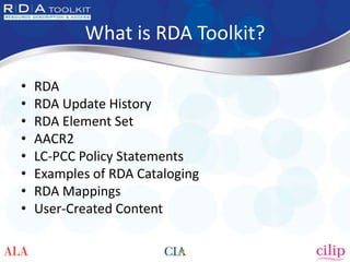 What is RDA Toolkit?

•   RDA
•   RDA Update History
•   RDA Element Set
•   AACR2
•   LC-PCC Policy Statements
•   Examples of RDA Cataloging
•   RDA Mappings
•   User-Created Content
 