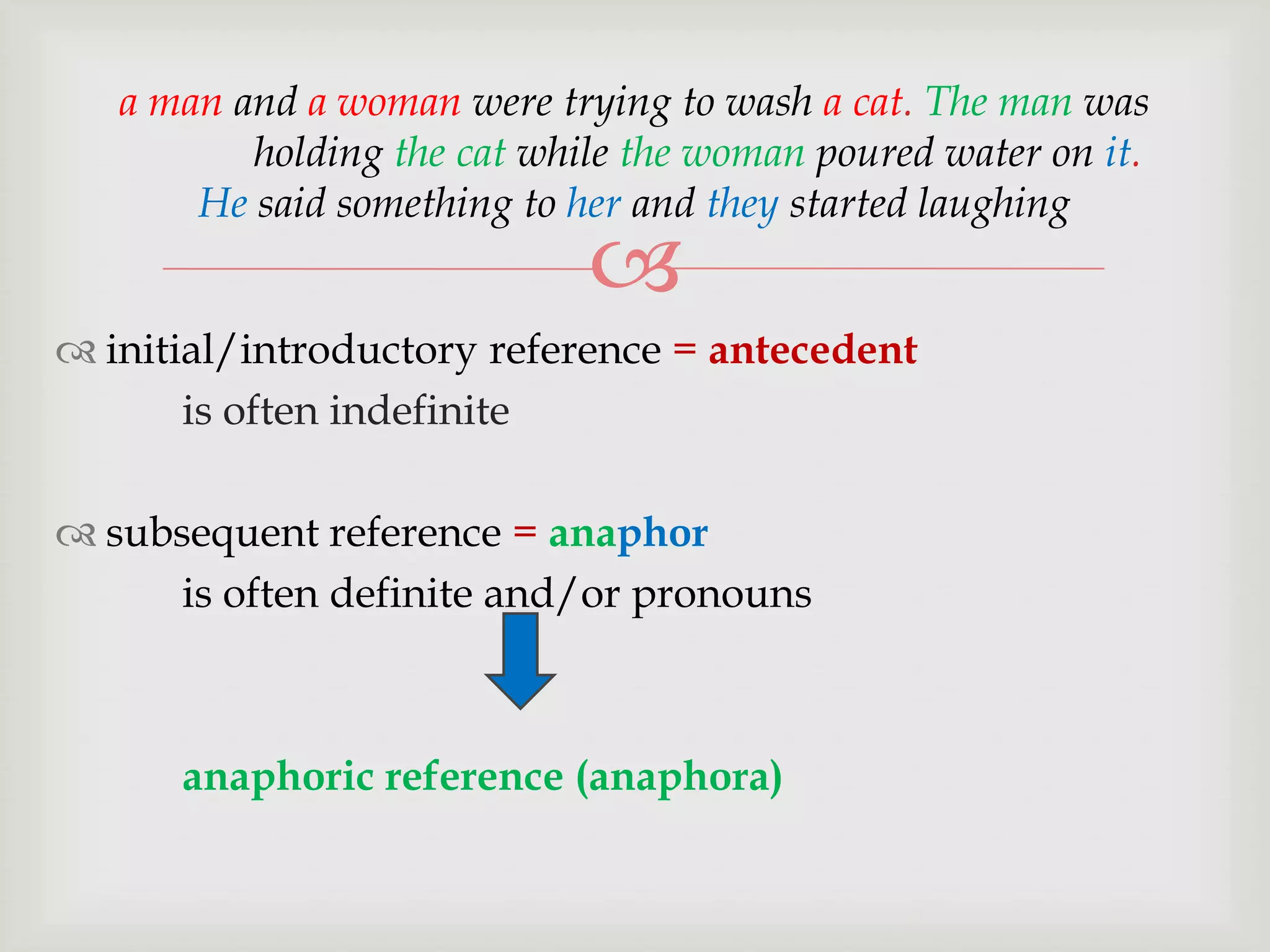 a man and a woman were trying to wash a cat. The man was
holding the cat while the woman poured water on it.
He said something to her and they started laughing



 initial/introductory reference = antecedent
is often indefinite

 subsequent reference = anaphor
is often definite and/or pronouns

anaphoric reference (anaphora)

 