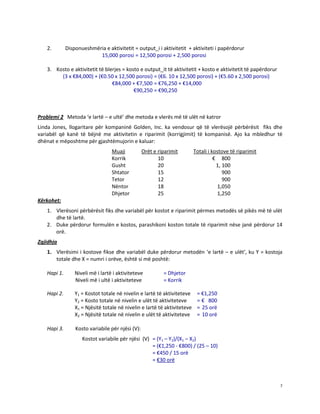 2.

Disponueshmëria e aktivitetit = output_i i aktivitetit + aktiviteti i papërdorur
15,000 porosi = 12,500 porosi + 2,500 porosi

3. Kosto e aktivitetit të blerjes = kosto e output_it të aktivitetit + kosto e aktivitetit të papërdorur
(3 x €84,000) + (€0.50 x 12,500 porosi) = (€6. 10 x 12,500 porosi) + (€5.60 x 2,500 porosi)
€84,000 + €7,500 = €76,250 + €14,000
€90,250 = €90,250

Problemi 2 Metoda ‘e lartë – e ultë’ dhe metoda e vlerës më të ulët në katror
Linda Jones, llogaritare për kompaninë Golden, Inc. ka vendosur që të vlerësojë përbërësit fiks dhe
variabël që kanë të bëjnë me aktivitetin e riparimit (korrigjimit) të kompanisë. Ajo ka mbledhur të
dhënat e mëposhtme për gjashtëmujorin e kaluar:
Muaji
Korrik
Gusht
Shtator
Tetor
Nëntor
Dhjetor

Orët e riparimit
10
20
15
12
18
25

Totali i kostove të riparimit
€ 800
1, 100
900
900
1,050
1,250

Kërkohet:
1. Vlerësoni përbërësit fiks dhe variabël për kostot e riparimit përmes metodës së pikës më të ulët
dhe të lartë.
2. Duke përdorur formulën e kostos, parashikoni koston totale të riparimit nëse janë përdorur 14
orë.
Zgjidhja
1. Vlerësimi i kostove fikse dhe variabël duke përdorur metodën ‘e lartë – e ulët’, ku Y = kostoja
totale dhe X = numri i orëve, është si më poshtë:
Hapi 1.

Niveli më i lartë i aktiviteteve
Niveli më i ultë i aktiviteteve

= Dhjetor
= Korrik

Hapi 2.

Y1 = Kostot totale në nivelin e lartë të aktiviteteve
Y2 = Kosto totale në nivelin e ulët të aktiviteteve
X1 = Njësitë totale në nivelin e lartë të aktiviteteve
X2 = Njësitë totale në nivelin e ulët të aktiviteteve

Hapi 3.

Kosto variabile për njësi (V):

= €1,250
= € 800
= 25 orë
= 10 orë

Kostot variabile për njësi (V) = (Y1 – Y2)/(X1 – X2)
= (€1,250 - €800) / (25 – 10)
= €450 / 15 orë
= €30 orë

7

 