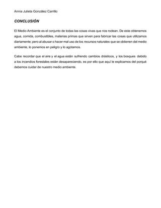 Annia Julieta González Carrillo
CONCLUSIÓN
El Medio Ambiente es el conjunto de todas las cosas vivas que nos rodean. De este obtenemos
agua, comida, combustibles, materias primas que sirven para fabricar las cosas que utilizamos
diariamente; pero al abusar o hacer mal uso de los recursos naturales que se obtienen del medio
ambiente, lo ponemos en peligro y lo agotamos.
Cabe recordar que el aire y el agua están sufriendo cambios drásticos, y los bosques debido
a los incendios forestales están desapareciendo, es por ello que aquí le explicamos del porqué
debemos cuidar de nuestro medio ambiente.
 