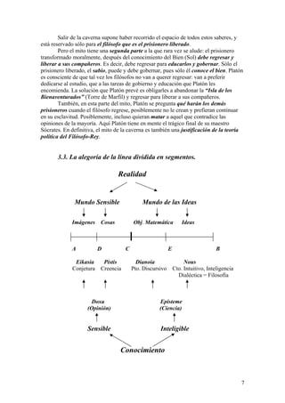 Salir de la caverna supone haber recorrido el espacio de todos estos saberes, y
está reservado sólo para el filósofo que es el prisionero liberado.
Pero el mito tiene una segunda parte a la que rara vez se alude: el prisionero
transformado moralmente, después del conocimiento del Bien (Sol) debe regresar y
liberar a sus compañeros. Es decir, debe regresar para educarlos y gobernar. Sólo el
prisionero liberado, el sabio, puede y debe gobernar, pues sólo él conoce el bien. Platón
es consciente de que tal vez los filósofos no van a querer regresar: van a preferir
dedicarse al estudio, que a las tareas de gobierno y educación que Platón les
encomienda. La solución que Platón prevé es obligarles a abandonar la “Isla de los
Bienaventurados” (Torre de Marfil) y regresar para liberar a sus compañeros.
También, en esta parte del mito, Platón se pregunta qué harán los demás
prisioneros cuando el filósofo regrese, posiblemente no le crean y prefieran continuar
en su esclavitud. Posiblemente, incluso quieran matar a aquel que contradice las
opiniones de la mayoría. Aquí Platón tiene en mente el trágico final de su maestro
Sócrates. En definitiva, el mito de la caverna es también una justificación de la teoría
política del Filósofo-Rey.
3.3. La alegoría de la línea dividida en segmentos.
Realidad
Mundo Sensible Mundo de las Ideas
Imágenes Cosas Obj. Matemática Ideas
A D C E B
Eikasia Pístis Dianoia Nous
Conjetura Creencia Pto. Discursivo Cto. Intuitivo, Inteligencia
Dialéctica = Filosofía
Doxa Episteme
(Opinión) (Ciencia)
Sensible Inteligible
Conocimiento
7
 