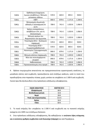 4
Σ.2.3.
Ορθολογική διαχείριση
ζωικών αποβλήτων / Μείωση
ρύπανσης υδάτων
570 € 603 € 895 € 928 €
Σ.3.1. ΟΦΠ 846 € 879 € 1.171 € 1.204 €
Σ.4.1.
Μετριασμός κλιματικής
αλλαγής ή προσαρμογή σε
αυτή
708 € 741 € 1.033 € 1.066 €
Σ.4.2.
Χρήση υποπροϊόντων,
αποβλήτων κ.λπ. για τη
βιοοικονομία
708 € 741 € 1.033 € 1.066 €
Σ.4.3.
Μείωση αερίων του
θερμοκηπίου και αμμωνίας
708 € 741 € 1.033 € 1.066 €
Σ.5.1.
Υποστήριξη Μ11 – Βιολογική
παραγωγή
570 € 603 € 895 € 928 €
Σ.5.2.
Υποστήριξη Μ10 –
Γεωργοπεριβαλλοντικά
570 € 603 € 895 € 928 €
Σ.6.1.
Καινοτομία / Εκσυγχρονισμός
/ ΤΠΕ
846 € 879 € 1.171 € 1.204 €
Σ.6.2. Μείωση κόστους παραγωγής 708 € 741 € 1.033 € 1.066 €
Σ.6.3.
Νέοι και νεοεισερχόμενοι
γεωργοί
846 € 879 € 1.171 € 1.204 €
Σ.6.4. Καθετοποίηση 708 € 741 € 1.033 € 1.066 €
Σ.6.5. Προσανατολισμός στην αγορά 708 € 741 € 1.033 € 1.066 €
4. Εφόσον τεκμηριωμένα απαιτούνται και πραγματοποιούνται εργαστηριακές αναλύσεις, το
μοναδιαίο κόστος ανά συμβουλή, προσαυξάνεται ανά επιλέξιμη ανάλυση, κατά το ποσό που
προσδιορίζεται στον παρακάτω πίνακα, χωρίς ωστόσο να υπερβαίνει τα 1.500 € ανά συμβουλή.
Λοιποί όροι θα εξειδικευθούν στην πρόσκληση εκδήλωσης ενδιαφέροντος.
ΕΙΔΟΣ ΑΝΑΛΥΣΗΣ ΚΟΣΤΟΣ ΣΕ €
Εδαφολογική 40 €
Φυλλοδιαγνωστική 16 €
Νερό 28 €
Υπολ. φυτοπροστασίας 121 €
Κρέας 56 €
Γάλα 60 €
5. Το ποσό στήριξης δεν υπερβαίνει τα 1.500 € ανά συμβουλή και το ποσοστό στήριξης
ανέρχεται στο 100% των επιλέξιμων δαπανών.
6. Στην πρόσκληση εκδήλωσης ενδιαφέροντος, θα καθορίζονται το ανώτατο ύψος ενίσχυσης
και ο ανώτατος αριθμός συμβουλών ανά δικαιούχο (πάροχο) και ανά Περιφέρεια.
 