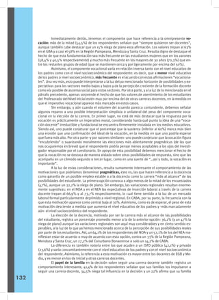 Inmediatamente detrás, tenemos el componente que hace referencia a la omnipresente vo-
cación: más de la mitad (54,5%) de los respondentes señalan que “siempre quisieron ser docentes”,
aunque también cabe destacar que un 15% niega de plano esta afirmación. Los valores trepan al 63%
en el GBA y a casi el 58% en la Región Pampeana, Mendoza y Santa Cruz. Resulta digno de destaque el
hecho de que esta fundamentación sea más frecuente en las estudiantes mujeres que en los varones
(58,4% y 40,5% respectivamente) y mucho más frecuente en los mayores de 30 años (70,3%) que en-
tre los restantes grupos de edad (que se mantienen cerca y por ligeramente por encima del 50%).
	 Asimismo, el componente vocacional varía en relación inversa tanto con el nivel educativo de
los padres como con el nivel socioeconómico del respondente: es decir, que a menor nivel educativo
de los padres o nivel socioeconómico, más frecuente es el acuerdo con estas afirmaciones “vocaciona-
les”. Una vez más, esto puede interpretarse a la luz del ya mencionado horizonte de posibilidades y ex-
pectativas para los sectores medio-bajos y bajos y de la percepción creciente de la formación docente
como vía posible de ascenso social para estos sectores. Por otra parte, y a la luz de lo mencionado en el
párrafo precedente, apenas sorprende el hecho de que los valores de asentimiento de los estudiantes
del Profesorado del Nivel Inicial estén muy por encima del de otras carreras docentes, en la medida en
que el imperativo vocacional aparece más marcado en estos casos.
	 Sin embargo, y aún cuando el volumen del acuerdo parezca contundente, debemos señalar
algunos reparos a una posible interpretación simplista o unilateral del peso del componente voca-
cional en la elección de la carrera. En primer lugar, no está de más destacar que la respuesta por la
vocación es prácticamente un imperativo moral, considerando hasta qué punto la idea de una “voca-
ción docente” irreductible y fundacional se encuentra firmemente instalada en los medios educativos.
Siendo así, uno puede conjeturar que el porcentaje que la sustenta (inferior al 60%) marca más bien
una erosión que una confirmación del ideal de la vocación, en la medida en que uno podría esperar
que fuera más alto. Por otra parte -y por razones similares- uno puede conjeturar que la vocación figura
“encubriendo” o suavizando moralmente las elecciones más abiertamente pragmáticas (de las que
nos ocuparemos en breve) que el respondente podría pensar menos aceptables a los ojos del investi-
gador responsable por el cuestionario. En apoyo de esta posibilidad debemos mencionar el hecho de
que la vocación no se destaca de manera aislada sobre otras posibilidades de respuesta, sino que las
acompaña en un cómodo segundo o tercer lugar, como en una suerte de “…así y todo, la vocación es
importante”.
	 A la luz de estas consideraciones, resulta sumamente interesante el comportamiento de las
motivaciones que podríamos denominar pragmáticas, esto es, las que hacen referencia a la docencia
como garantía de un posible empleo estable o a la docencia como la carrera “más al alcance” de las
posibilidades del estudiante. La primera opción convoca a algo menos de la mitad de los encuestados
(47%), aunque un 32,2% la niega de plano. Sin embargo, las variaciones regionales resultan enorme-
mente sugestivas: en el NOA y en el NEA las expectativas de inserción laboral a través de la carrera
docente trepan al 66,9% y al 73,7% respectivamente, lo cual tiene sentido a la luz de un mercado
laboral formal particularmente deprimido a nivel regional. En CABA, por su parte, la frecuencia con la
que esta motivación aparece como central baja al 30%. Asimismo, como es de esperar, el peso de esta
motivación desciende a medida que aumenta el nivel educativo de los padres y -más marcadamente
aún- el nivel socioeconómico del respondente.
	 La elección de la docencia, motivada por ser la carrera más al alcance de las posibilidades
del estudiante, registra un porcentaje promedio menor a la de la anterior opción: 36,2% (y un 47% la
niega de plano) aunque las variaciones regionales son aquí muy considerables y en cierto sentido es-
perables, a la luz de lo que ya hemos mencionado acerca de la percepción de sus posibilidades reales
por parte de los estudiantes. Así, un 64,1% de los respondentes del NOA y un 57,1% de los del NEA ma-
nifiestan estar de acuerdo o muy de acuerdo con esta opción, contra un 33% de la Región Pampeana,
Mendoza y Santa Cruz, un 27,2% del Conurbano Bonaerense o solo un 14,2% de CABA.
	 La diferencia es también notoria entre los que acuden a un ISFD público (42,1%) y privado
(23,6%) y varía concomitantemente con el nivel educativo de los padres y con el nivel socioeconómico
del respondente. Asimismo, la referencia a esta motivación es mayor entre los docentes de EGB y Me-
dia, y es menor en los de Inicial y otras carreras docentes.
	 El papel de la familia en la decisión sobre seguir una carrera docente también registra un
comportamiento interesante, 41,4% de los respondentes señalan que sus familias los impulsaron a
seguir una carrera docente, 34,5% niega tal influencia en la decisión y un 22% afirma que su familia
132
 