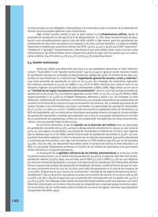 recursos propios se ven obligados a demandarlos a la institución y ante el aumento de la demanda los
mismos recursos pueden aparecer como insuficientes.
	 Algo similar sucede cuando lo que se pide evaluar es la infraestructura edilicia, donde el
promedio de aprobación es del 48,5% (y el de desaprobación 27,3%). Aquí, los porcentajes de apro-
bación caen estrepitosamente para el caso del NOA (18,8%) y algo menos para los estudiantes del
profesorado de educación secundaria con respecto a las otras carreras docentes. La caída es también
importante a medida que aumenta el tamaño del ISFD: 59,3%, 47,4% y 36,4% para ISFD “pequeños”,
“medianos” y “grandes” respectivamente. Cabe destacar que para ambos casos -tanto recursos como
infraestructura- los ISFD privados tienen evaluaciones positivas algo más frecuentes que sus contra-
partes públicos (64,1% contra 55,2% y 55,5% contra 45,3% respectivamente).
6.4. Gestión institucional
	 Resta por último una dimensión que hace a lo que podríamos denominar el nivel “adminis-
trativo”, “burocrático” o de “gestión institucional”, que es la que en general recibe menores niveles
de aprobación (aunque en promedio no desciendan por debajo del 40%). El primero de los ejes con-
tenidos en esta dimensión es el denominado “organización general de carreras, cursos y materias”,
cuyo nivel promedio de aprobación se sitúa en un 55,4%. Sin embargo, las variaciones regionales
son notorias, desciende al 42,4% en CABA y a 47,7% en el NOA, mientras que ronda el 60% en las
restantes regiones (los porcentajes más altos corresponden a NEA y GBA). Algo similar ocurre con el
eje “claridad de las reglas/transparencia de funcionamiento”, para el cual el porcentaje promedio de
aprobación es de un 48,7%, y los valores regionales oscilan entre un 35,7% y un 44,3% (NOA y CABA,
respectivamente) y un 53,6% en la Región Pampeana, Mendoza y Santa Cruz. Sin embargo, en este
último eje -a diferencia de los anteriores- encontramos una variación sostenida en las evaluaciones de
acuerdo con el tramo de la carrera en la que se encuentren los alumnos. Así, a medida que pasan de los
tramos iniciales a los intermedios y de estos a los finales, los porcentajes de aprobación descienden
de un 57,2% a un 46% y un 42,5%. También varían de acuerdo al capital educativo de las familias y al
NSE del responderte; así, en contra de las intuiciones que puedan tenerse al respecto, los porcentajes
de aprobación descienden a medida que aumentan uno y otro, lo cual puede interpretarse en función
de un aumento de las expectativas, o bien, de una comparación retrospectiva con otros entornos edu-
cativos a los que puedan haber tenido acceso.
	 En la misma dimensión, el eje de relación con la dirección del instituto tiene un porcentaje
de aprobación promedio del 45,5%, aunque la desaprobación vehemente es escasa ya que ronda el
9,5%, lo cual sugiere, en promedio, una actitud de neutralidad o indiferencia. El único caso regional
que se destaca aquí es el de CABA, donde el porcentaje de aprobación desciende al 30,9%. Las eva-
luaciones favorables registran un leve incremento con la edad del respondente que podría adjudicarse
a cuestiones generacionales y son algo más frecuentes en ISFD públicos (46,3%) que en los privados
(42,9%). Una vez más, las respuestas favorables varían en proporción inversa al nivel educativo y al
NSE, lo cual puede interpretarse asimismo en función de los niveles de expectativa a los que hemos
hecho referencia en el párrafo precedente.
	 La evaluación de la agilidad y eficiencia de los trámites administrativos es el eje que recibe
las peores evaluaciones, con el menor nivel de aprobación (42,9%) y el segundo más alto nivel de des-
aprobación abierta (22,9%). Aquí, una vez más, son el NOA (31,3%) y CABA (37,2%) los que registran
los menores niveles de aprobación, e incluso, la tendencia de los estudiantes de Profesorado de Nivel
Inicial a mayores porcentajes de aprobación se desdibuja. Asimismo, resalta el hecho de que los valo-
res sean constantes entre los 19 y los 29 años, para subir abruptamente en el caso de los mayores de
30 (52,8%). Al igual que lo que ocurría con la dimensión “claridad de las reglas/transparencia de fun-
cionamiento”, hay un descenso marcado de acuerdo con el avance del alumno en la carrera (de 47,9%
a 41,8% y de ahí a 38,4%) al igual que con el aumento del nivel educativo de los padres (de 45,1% a
42,7% y 40,6%). Sin embargo, estos niveles de disconformidad relativa puede que expresen una cierta
distorsión relacionada con la menor reticencia de los respondentes a expresar quejas contra los aspec-
tos burocráticos de las instituciones sobre el fondo de una serie de lugares comunes supuestamente
compartidos (Herzfeld, 1993).
140
 