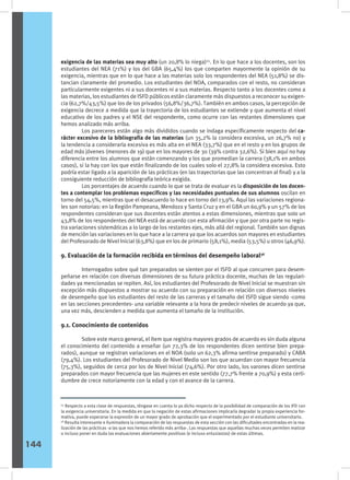 exigencia de las materias sea muy alto (un 20,8% lo niega)55
. En lo que hace a los docentes, son los
estudiantes del NEA (71%) y los del GBA (65,4%) los que comparten mayormente la opinión de su
exigencia, mientras que en lo que hace a las materias solo los respondentes del NEA (51,8%) se dis-
tancian claramente del promedio. Los estudiantes del NOA, comparados con el resto, no consideran
particularmente exigentes ni a sus docentes ni a sus materias. Respecto tanto a los docentes como a
las materias, los estudiantes de ISFD públicos están claramente más dispuestos a reconocer su exigen-
cia (62,7%/43,5%) que los de los privados (56,8%/36,7%). También en ambos casos, la percepción de
exigencia decrece a medida que la trayectoria de los estudiantes se extiende y que aumenta el nivel
educativo de los padres y el NSE del respondente, como ocurre con las restantes dimensiones que
hemos analizado más arriba.
	 Los pareceres están algo más divididos cuando se indaga específicamente respecto del ca-
rácter excesivo de la bibliografía de las materias (un 35,2% la considera excesiva, un 26,7% no) y
la tendencia a considerarla excesiva es más alta en el NEA (33,7%) que en el resto y en los grupos de
edad más jóvenes (menores de 19) que en los mayores de 30 (39% contra 32,6%). Si bien aquí no hay
diferencia entre los alumnos que están comenzando y los que promedian la carrera (38,1% en ambos
casos), si la hay con los que están finalizando de los cuales solo el 27,8% la considera excesiva. Esto
podría estar ligado a la aparición de las prácticas (en las trayectorias que las concentran al final) y a la
consiguiente reducción de bibliografía teórica exigida.
	 Los porcentajes de acuerdo cuando lo que se trata de evaluar es la disposición de los docen-
tes a contemplar los problemas específicos y las necesidades puntuales de sus alumnos oscilan en
torno del 54,5%, mientras que el desacuerdo lo hace en torno del 13,9%. Aquí las variaciones regiona-
les son notorias: en la Región Pampeana, Mendoza y Santa Cruz y en el GBA un 60,9% y un 57% de los
respondentes consideran que sus docentes están atentos a estas dimensiones, mientras que solo un
43,8% de los respondentes del NEA está de acuerdo con esta afirmación y que por otra parte no regis-
tra variaciones sistemáticas a lo largo de los restantes ejes, más allá del regional. También son dignas
de mención las variaciones en lo que hace a la carrera ya que los acuerdos son mayores en estudiantes
del Profesorado de Nivel Inicial (63,8%) que en los de primario (58,1%), media (53,5%) u otros (46,9%).
9. Evaluación de la formación recibida en términos del desempeño laboral56
	 Interrogados sobre qué tan preparados se sienten por el ISFD al que concurren para desem-
peñarse en relación con diversas dimensiones de su futura práctica docente, muchas de las regulari-
dades ya mencionadas se repiten. Así, los estudiantes del Profesorado de Nivel Inicial se muestran sin
excepción más dispuestos a mostrar su acuerdo con su preparación en relación con diversos niveles
de desempeño que los estudiantes del resto de las carreras y el tamaño del ISFD sigue siendo -como
en las secciones precedentes- una variable relevante a la hora de predecir niveles de acuerdo ya que,
una vez más, descienden a medida que aumenta el tamaño de la institución.
9.1. Conocimiento de contenidos
	 Sobre este marco general, el ítem que registra mayores grados de acuerdo es sin duda alguna
el conocimiento del contenido a enseñar (un 72,3% de los respondentes dicen sentirse bien prepa-
rados), aunque se registran variaciones en el NOA (solo un 62,3% afirma sentirse preparado) y CABA
(79,4%). Los estudiantes del Profesorado de Nivel Medio son los que acuerdan con mayor frecuencia
(75,3%), seguidos de cerca por los de Nivel Inicial (74,6%). Por otro lado, los varones dicen sentirse
preparados con mayor frecuencia que las mujeres en este sentido (77,7% frente a 70,9%) y esta certi-
dumbre de crece notoriamente con la edad y con el avance de la carrera.
55
Respecto a esta clase de respuestas, téngase en cuenta lo ya dicho respecto de la posibilidad de comparación de los IFD con
la exigencia universitaria. En la medida en que la negación de estas afirmaciones implicaría degradar la propia experiencia for-
mativa, puede esperarse la expresión de un mayor grado de aprobación que el experimentado por el estudiante universitario.
56
Resulta interesante e iluminadora la comparación de las respuestas de esta sección con las dificultades encontradas en la rea-
lización de las prácticas -a las que nos hemos referido más arriba-. Las respuestas que aquellas muchas veces permiten matizar
o incluso poner en duda las evaluaciones abiertamente positivas (e incluso entusiastas) de estas últimas.
144
 