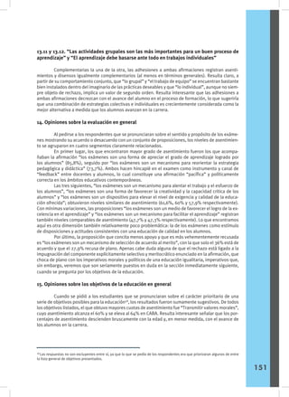 13.11 y 13.12. “Las actividades grupales son las más importantes para un buen proceso de
aprendizaje” y “El aprendizaje debe basarse ante todo en trabajos individuales”
	 Complementarias la una de la otra, las adhesiones a ambas afirmaciones registran asenti-
mientos y disensos igualmente complementarios (al menos en términos generales). Resulta claro, a
partir de su comportamiento conjunto, que “lo grupal” y “el trabajo de equipo” se encuentran bastante
bien instalados dentro del imaginario de las prácticas deseables y que “lo individual”, aunque no siem-
pre objeto de rechazo, implica un valor de segundo orden. Resulta interesante que las adhesiones a
ambas afirmaciones decrezcan con el avance del alumno en el proceso de formación, lo que sugeriría
que una combinación de estrategias colectivas e individuales es crecientemente considerada como la
mejor alternativa a medida que los alumnos avanzan en la carrera.
14. Opiniones sobre la evaluación en general
	 Al pedirse a los respondentes que se pronunciaran sobre el sentido y propósito de los exáme-
nes mostrando su acuerdo o desacuerdo con un conjunto de proposiciones, los niveles de asentimien-
to se agruparon en cuatro segmentos claramente relacionados.
	 En primer lugar, los que encontraron mayor grado de asentimiento fueron los que acompa-
ñaban la afirmación “los exámenes son una forma de apreciar el grado de aprendizaje logrado por
los alumnos” (85,8%), seguido por “los exámenes son un mecanismo para reorientar la estrategia
pedagógica y didáctica” (73,7%). Ambos hacen hincapié en el examen como instrumento y canal de
“feedback” entre docentes y alumnos, lo cual constituye una afirmación “pacífica” y políticamente
correcta en los ámbitos educativos contemporáneos.
	 Las tres siguientes, “los exámenes son un mecanismo para alentar el trabajo y el esfuerzo de
los alumnos”, “los exámenes son una forma de favorecer la creatividad y la capacidad critica de los
alumnos” y “los exámenes son un dispositivo para elevar el nivel de exigencia y calidad de la educa-
ción ofrecida”; obtuvieron niveles similares de asentimiento (61,6%, 60% y 57,9% respectivamente).
Con mínimas variaciones, las proposiciones “los exámenes son un medio de favorecer el logro de la ex-
celencia en el aprendizaje” y “los exámenes son un mecanismo para facilitar el aprendizaje” registran
también niveles comparables de asentimiento (47,7% y 47,3% respectivamente). Lo que encontramos
aquí es otra dimensión también relativamente poco problemática: la de los exámenes como estímulo
de disposiciones y actitudes consistentes con una educación de calidad en los alumnos.
	 Por último, la proposición que concita menos apoyo y que es más vehementemente recusada
es “los exámenes son un mecanismo de selección de acuerdo al merito”, con la que solo el 36% está de
acuerdo y que el 27,9% recusa de plano. Apenas cabe duda alguna de que el rechazo está ligado a la
impugnación del componente explícitamente selectivo y meritocrático enunciado en la afirmación, que
choca de plano con los imperativos morales y políticos de una educación igualitaria, imperativos que,
sin embargo, veremos que son seriamente puestos en duda en la sección inmediatamente siguiente,
cuando se pregunta por los objetivos de la educación.
15. Opiniones sobre los objetivos de la educación en general
	 Cuando se pidió a los estudiantes que se pronunciaran sobre el carácter prioritario de una
serie de objetivos posibles para la educación58
, los resultados fueron sumamente sugestivos. De todos
los objetivos listados, el que obtuvo mayores cuotas de asentimiento fue “Transmitir valores morales”,
cuyo asentimiento alcanza el 60% y se eleva al 64% en CABA. Resulta interesante señalar que los por-
centajes de asentimiento descienden bruscamente con la edad y, en menor medida, con el avance de
los alumnos en la carrera.
	
58
Las respuestas no son excluyentes entre sí, ya que lo que se pedía de los respondentes era que priorizaran algunos de entre
la lista general de objetivos presentados.
151
 